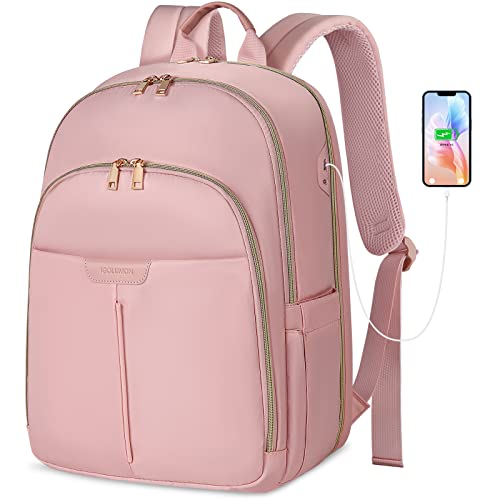 IGOLUMON Laptop Backpack for Women Travel Backpack 15.6 Inch Laptop Bag with USB Charging Port Backpack for College (Pink, 15.6 inch)