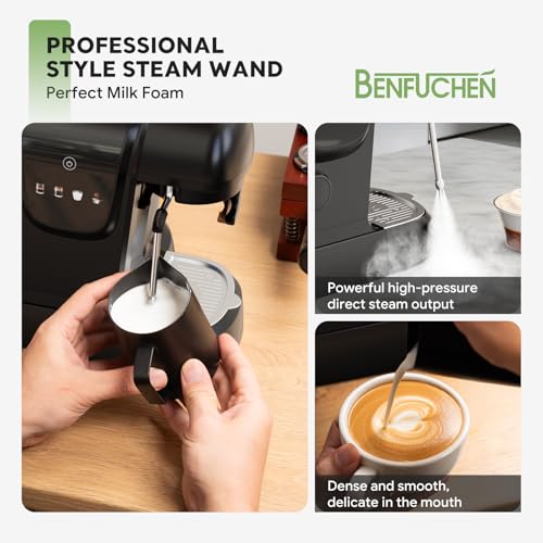 BENFUCHEN 19 Bar Espresso Coffee Machine with Burr Grinder - Professional 2-in-1 Coffee Maker for Bean to Cup & Grounds, Touch Screen Latte Maker in Black - Image 5