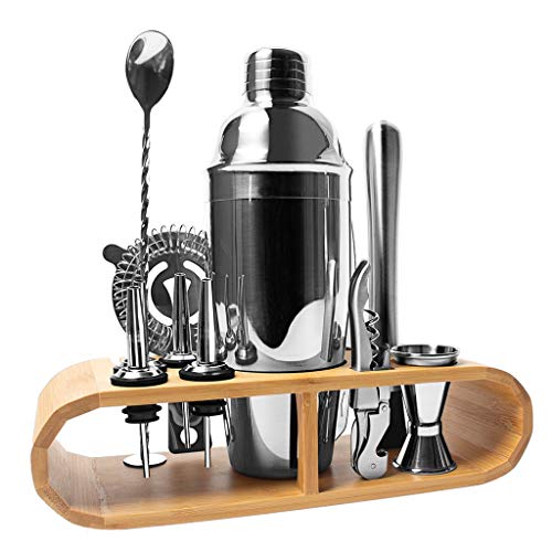 Barware con soporte de madera noble y juego de herramientas de acero inoxidable de 12 piezas 2