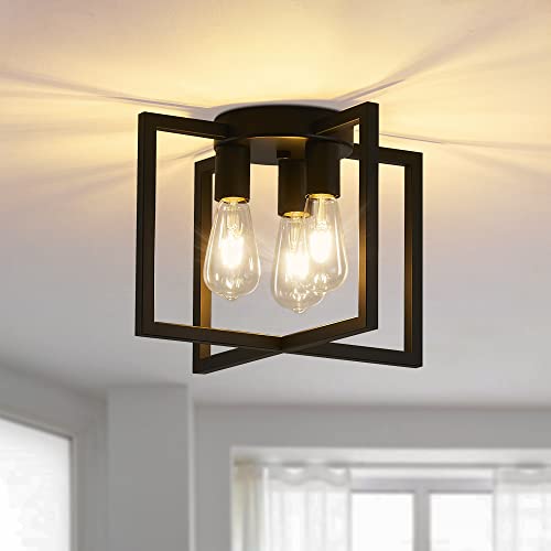 Bosomfr 3-Light Ceiling Light Fixture, Black Semi-Flush Mount Chandelier with Geometric Metal Shade, Farmhouse Industrial Lighting for Kitchen Living Room Bedroom Hallway Foyer, E26 Base by Bosomfr - Used condition - CA$53.71