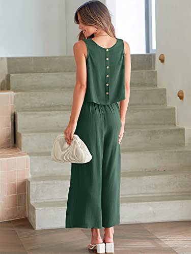 Image of ANRABESS Women's Summer 2 Piece Outfits Sleeveless Tank Crop Button Back Top Cropped Wide Leg Pants Set Pockets