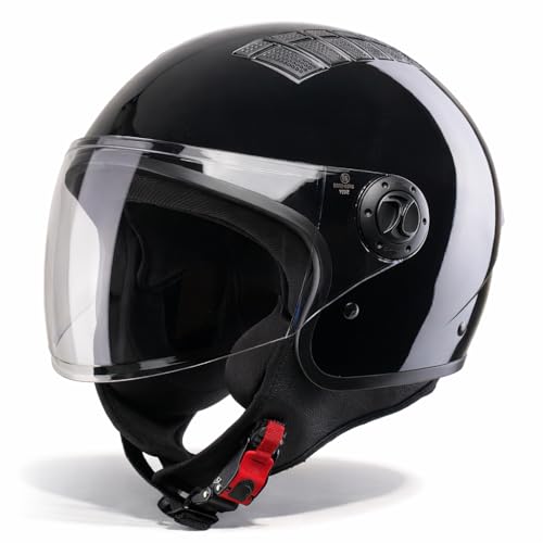VINZ Como Jethelm mit Visier ECE 22.06 Zertifiziert | Roller Helm Mopedhelm Für Motoroller & Vespa | Herren & Damen | Motorradhelm in XS-XL | Erhältlich in 4 Farben - Schwarz