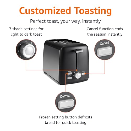 Amazon Basics 2 Slice Toaster, Extra Wide Slots for Bagels and Specialty Breads, 7 Browning Levels, Removable Crumb Tray, Defrost/Cancel/Bagel Buttons, 800W, Black & Silver by Amazon Basics - Image 2