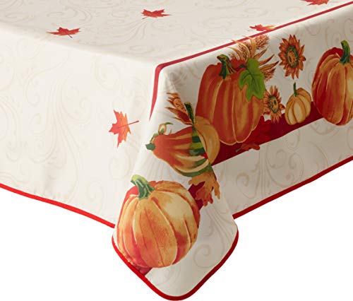 HomeCrate European Fall Harvest Tablecloth Printed Autumn Leaves and Pumpkins, 60" X 105", Ivory