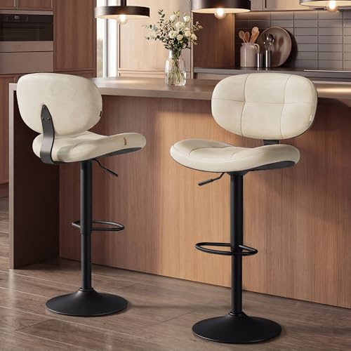Image of VASAGLE Bar Stools Set of 2, Height Adjustable Kitchen Barstools, Swivel Bar Chairs with Back and Footrest, Quilt PU Leather Surface, Dining Room, Counter, Steel, Cream White ULJB150W101S