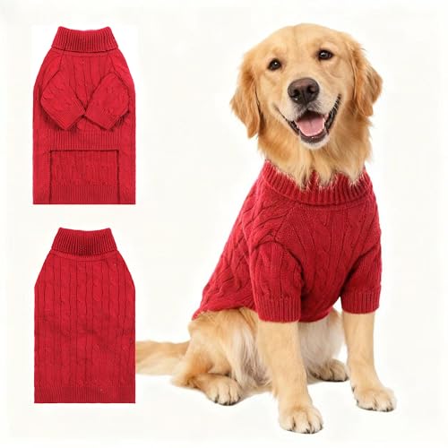Image of Small /Medium Dog Sweater, Warm Dog Winter Coat w /Sleeves, Comfortable High Neck Premium Dog Clothes for Golden Retriever-Best for Holidays, Daily Walks XXL Deep Red