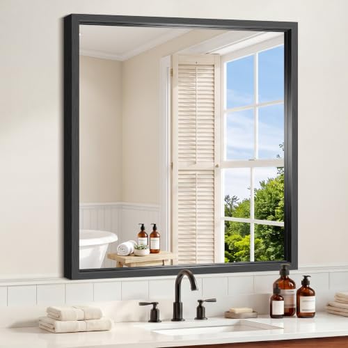 COFENY Bathroom Mirror, 36x36 Brushed Black Square Mirrors, Thickened Deep Metal Frame Bathroom Vanity Mirrors for Over Sink, Bedroom, Entryway, HD Tempered Glass, Horizontally or Vertically