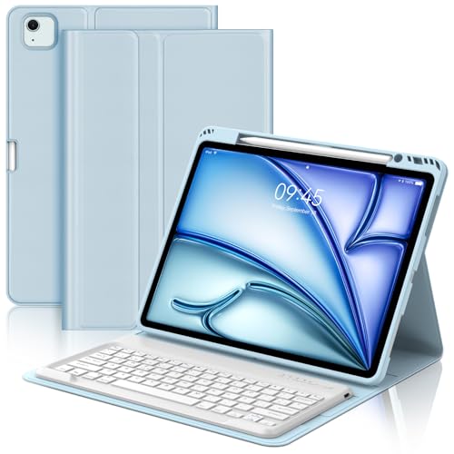 Funda con Teclado para iPad Air 13 Pulgadas (M3 2025, M2 2024), Teclado Bluetooth Inalámbrico Desmontable con Funda Protectora Delgada y Ranura para Bolígrafo para Tablet iPad Air 13", Azul Claro