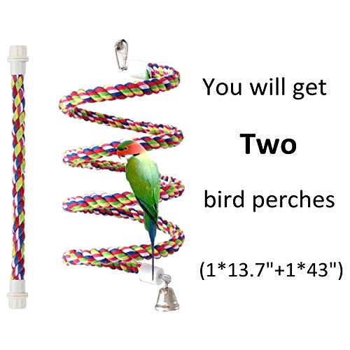 Pets Vv Bird Rope Perch Parakeet Toys, Spiral Bird Toy For Cockatiels, 43"&13.7" Bird Bungee Rope Perches Suitable Bird Cage Accessories #TOP1