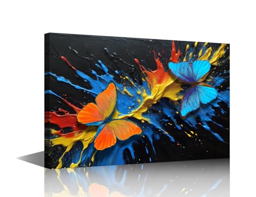Splash of Bright Colorful Oil Painting Canvas Wall Art Abstract Contemporary Art Wall Paintings Orange and Blue Tropical Morpho Butterfly Home Office Decorations 12x18 inch