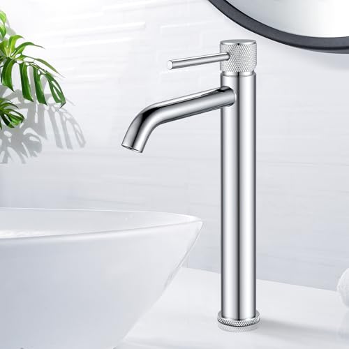 Wasserhan Bad Hoch Waschbecken Armatur Waschtischarmatur Einhebelmischer Einhand Mischbatterie Chrom, Runder Waschtisch-Armatur, Wasserhähne Bad Edelstahl, G3/8