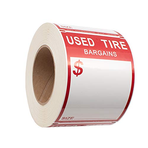 500 Pc Roll Adhesive Used Tire Tag Weather Resistant Polysteel Sticker Label 4" x 5 1/2" Red & White w/Marker for Auto Tire Repair Retail Shop - Thumbnail 3