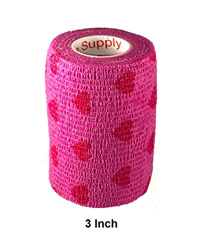 Fita veterinária (rosa com corações) (pacote com 2) (5 cm x 4,6 m) autoadesiva, aderente, coesiva, f