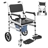 [Móvil con ruedas de freno] Equipado con 4 ruedas, dos ruedas giratorias y dos ruedas universales con bloqueo. Los frenos garantizan un soporte estable. Esta silla de inodoro con ruedas se puede mover fácilmente y es ideal para el baño