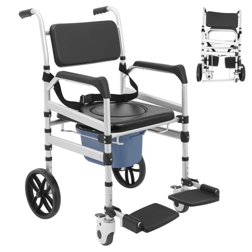 Silla de baño para personas mayores, silla de ducha plegable con ruedas, reposabrazos, reposapiés, placa en forma de O, silla de inodoro regulable en altura para inodoro, baño, dormitorio, capacidad