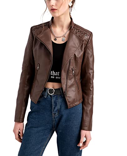 JMSUN Jaqueta feminina de inverno Jaqueta curta casual feminina de couro falso PU, casaco de motocic