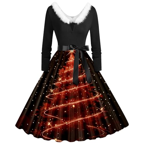 Weihnachtskleid für Damen, schick und elegant, 3D-Motiv, bedruckt, Weihnachtskleid, V-Ausschnitt, mit Fell, Winterkleid, mittellang, Abendkleid,...