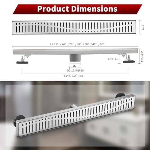 Image of Sharp-tec 36 inch Linear Shower Drain, Brushed Rectangular Floor Drain, V-Shape Design Drain Channel, 304 Stainless Steel, cUPC Certificated for Bathroom Shower Room (Drain Base is Not Included)