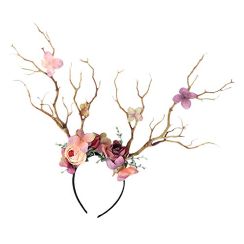 Minkissy Diadema de Cuernos de Reno Diadema de Cuernos de Rama de Árbol Diadema de Flor de Ciervo Diadema de Pelo de Alce Casco de Cosplay (Café Ligero) Cover
