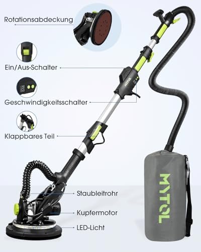 Bild 1 - Trockenbauschleifer 900W, Wandschleifer & Deckenschleifer mit Absaugung, 1800 U/min, 6-Stufen Geschwindigkeit, Klappbarer Teleskopstiel, LED-Leuchte, inkl. 12 Schleifblättern