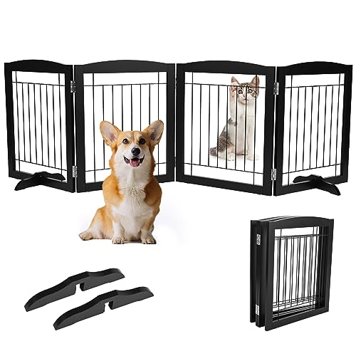 Errum Baby Gate for Stairs and Doors, 61cm Safety Gate Dog Gate 4 Panels Freestanding Pet Gates Indoor Dog Fence Folding Wooden Safety Barrier for Doorway Stairs, Up to 206cm Wide Black