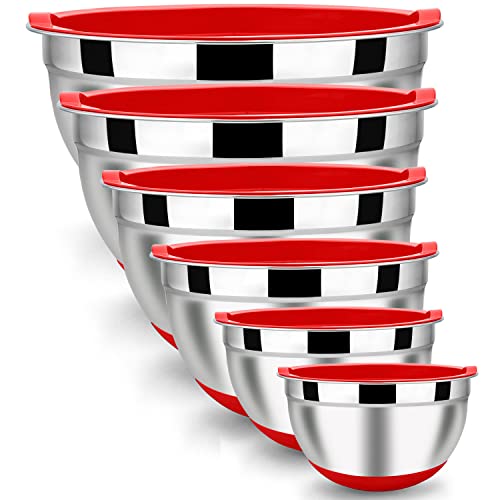 Lianyu Mixing Bowls With Airtight Lids Set Of 6, Stainless Steel Nesting Mixing Bowl With Non-Slip Bottom, Size 7, 3.5, 2.5, 2, 1.5, 1Qt, Large Metal Bowls For Cooking, Baking, Food Storage, Red #TOP19