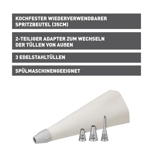 Foto von Original Kaiser Inspiration Spritzbeutel Set 5-teilig, wiederverwendbarer Spritzbeutel mit Tüllen, Adapter und 3 Spritztüllen, kochfest, Schneidehilfslinie, spülmaschinengeeignet