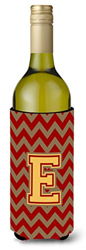 Caroline's Treasures CJ1048-ELITERK Letter E Chevron Garnet and Gold Wine Bottle Hugger Bottle Cooler Sleeve Hugger Machine Washable Collapsible Insulator Beverage Insulated Holder