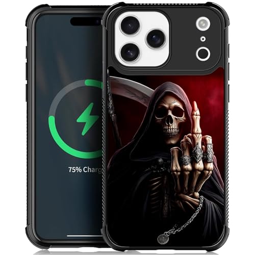 CARLOCA for iPhone 17 Pro Max Compatible with Magsafe Scary Grim Reaper Vertical Middle Finger Pattern for Girl Ultra Protection Shockproof Soft Silicone TPU Non-Slip Back