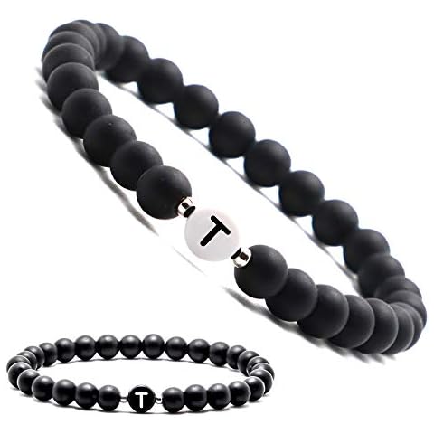 Personalised Name Bracelets Partner Bracelets with Onyx Beads Pearl Bracelet Individual Jewellery for Men and Women (Other Available) Buchstabe T Weiß Cover