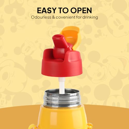 Image of CELLO Kidzbee Puro Steel-X Hydro Kid 600 Insulated Kids Sipper Water Bottle 520ml Yellow | Touch & Feel Mickey Design Easy to Carry with Loop Leakproof Flip Top Water Bottle For School Kids Boys Girls