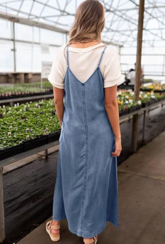 chouyatou Women's Summer Spaghetti Strap Denim Dress A-Line Overall Dress Flowy Swing Maxi Long Jean Dress3