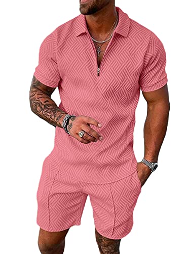 Osheoiso Moda Chándal de Hombre de 2 Piezas Traje Deportivo Manga Corta Cuello Casual Camiseta Talla Grande Pantalones Cortos Fitness Retro Set para Correr Andar A Rosa XL