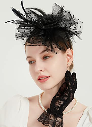 Fascinators for Women Tea Party Headband Kentucky Derby Hats Cocktail Flower Mesh Feathers Headwear Hair Clip for Wedding Black - Thumbnail 4