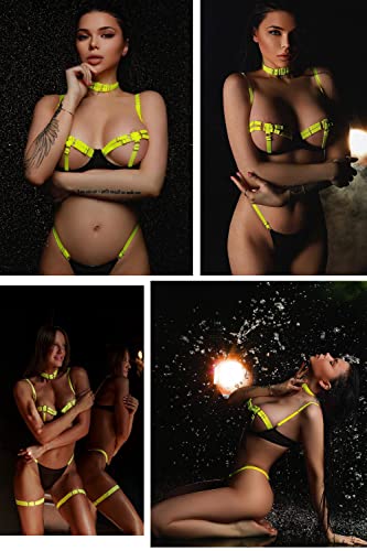 JuicyRose Women 4 Pieces Neon Lingerie, Underwire Peekaboo Bra, Straps Choker Thong Thigh Nighter Teddy - Image 3