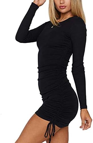 MiiVoo Women's Sexy Club Ruched Long Sleeve Drawstring Mini Bodycon Dress (S, Black)