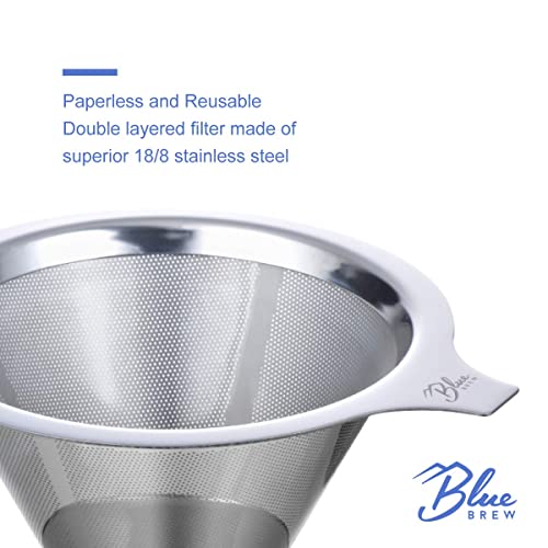 Blue Brew Bb1020 Stainless Steel Double Filtered Pour Over Coffee Dripper, Slow Drip Reusable Cone Filter W/Non-Slip Cup Stand (2-4 Cups) #TOP2