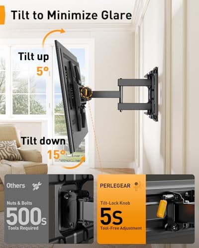 Perlegear Full Motion TV Wall Mount for 26-74 inch TVs, Height Adjustable TV Mount, Pre-Assembled Wall Mount TV Bracket with Tool-Free Tilt, Swivel, Fits 16” Studs, 99 lbs, Max VESA 400x400mm, PGMF21 - 4