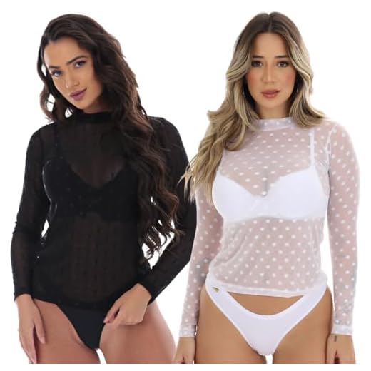 Kit 2 Blusa Tshirt Feminina Camisa Fitness Segunda Pele Tule Transparente Manga Longa Poá Adulto (BR, Alfa, P, Regular, Preto + Branco)