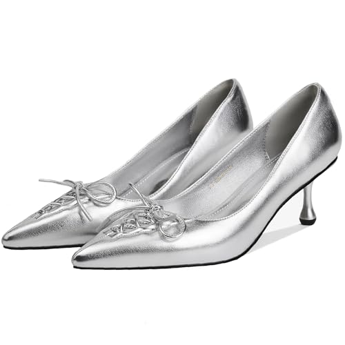 Image of Women's Pointed Toe Heels with Bow Pearl, 3.15 inch Kitten Heels Slip on Stiletto Pumps for Designer Dress Shoes