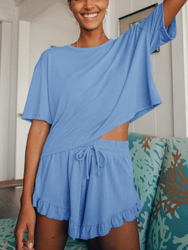 Image of Tankaneo Womens 2 Piece Shorts Set Summer Casual Short Sleeve T Shirts Drawstring Ruffle Shorts Pajamas Lounge Set
