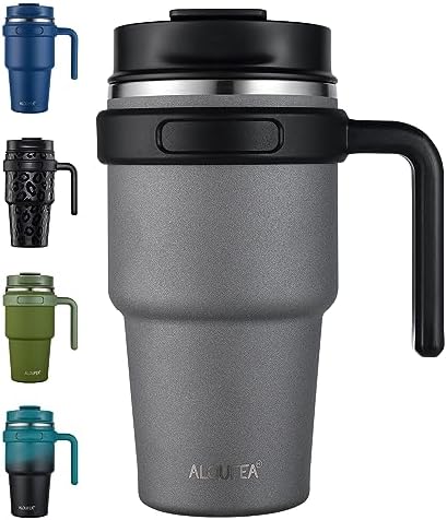 ALOUFEA 20 oz Insulated Coffee Mug Tumbler with Handle, Stainless Steel Travel Mug Tumbler with Lid and Straw,Double Wall Vacuum Leak Proof Ice Coffee Thermal Cup, Gray