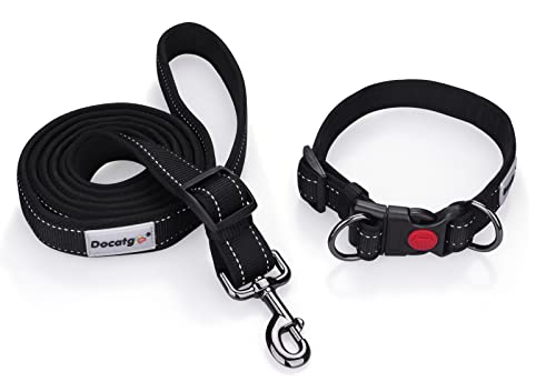 Docatgo Correa de 3.7 pies y Collar de Perro de Nailon Reflectante con Hebilla de Seguridad, Correas Ajustables para Mascotas con Acolchado de Neopreno Suave para Cachorros, M