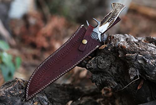 14\" Long Clip point blade Hunting Knife, Natural Stag Antler scale with Steel finger guard, Hand forged Damascus steel blade with blood groove, Cow Hide Leather sheath with belt loop - Thumbnail 5