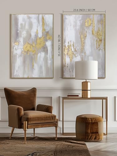 Image of Modern Gold and Neutral Abstract Wall Art - 24x36 inch x 2, Framed Canvas Artworks - Contemporary Decor for living room,bedroom