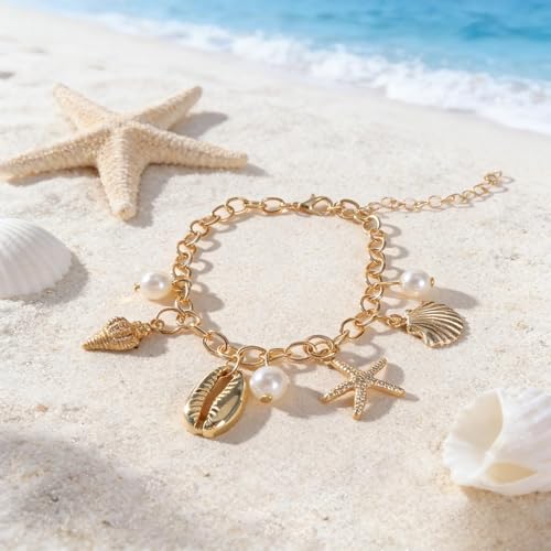 Image of Shell Anklets for Women Shell Beach Jewelry Accessories White Pink Black Flower Ankle Bracelet Summer Vacation Dress Outfits