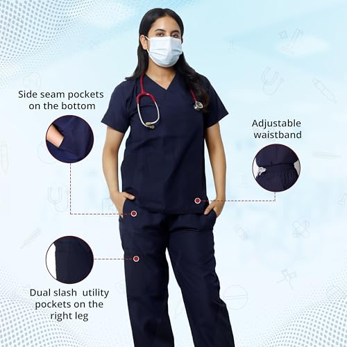 Image of Robustt Classic Scrub Suit Set For Women - Navy Blue (Extra Small) | Uniform For Doctors | Cotton Fabric | Ultimate Comfort and Breathability | Adjustable Fit | Multiple Pockets | V-Neck