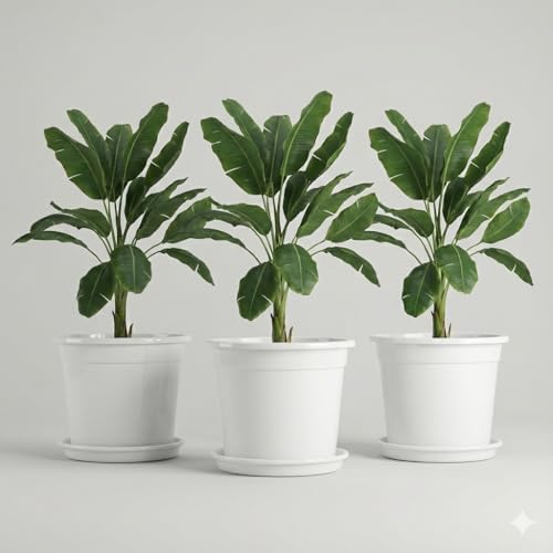 Image of 12 Inch Glossy White Plastic Planter with Bottom Plate | Heavy Duty Flower Pot with Tray for Indoor Home Decor, Balcony, Living Room & Outdoor Garden (3 Pot, White)