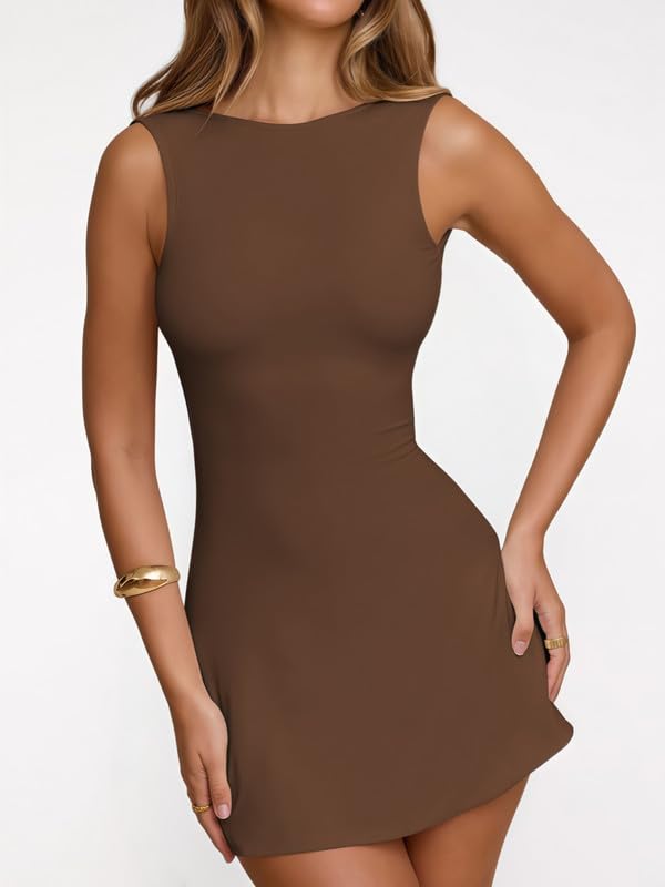 Vestido Mujer Sexy sin Espalda Mini Vestidos Verano sin Mangas Cuello Barco Vestido Ajustado de Fiesta Elegante Bodycon Vestidos Corto para Cóctel Noche Club Casual Streetwear