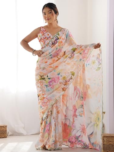 Image of Panzora Women's Chinon Printed Saree With Unstitched Blouse Piece